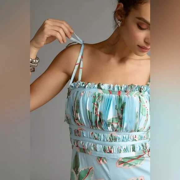 NWT Anthropologie Hutch Ruched Blue Floral Jumpsuit 10 - Picture 6 of 8